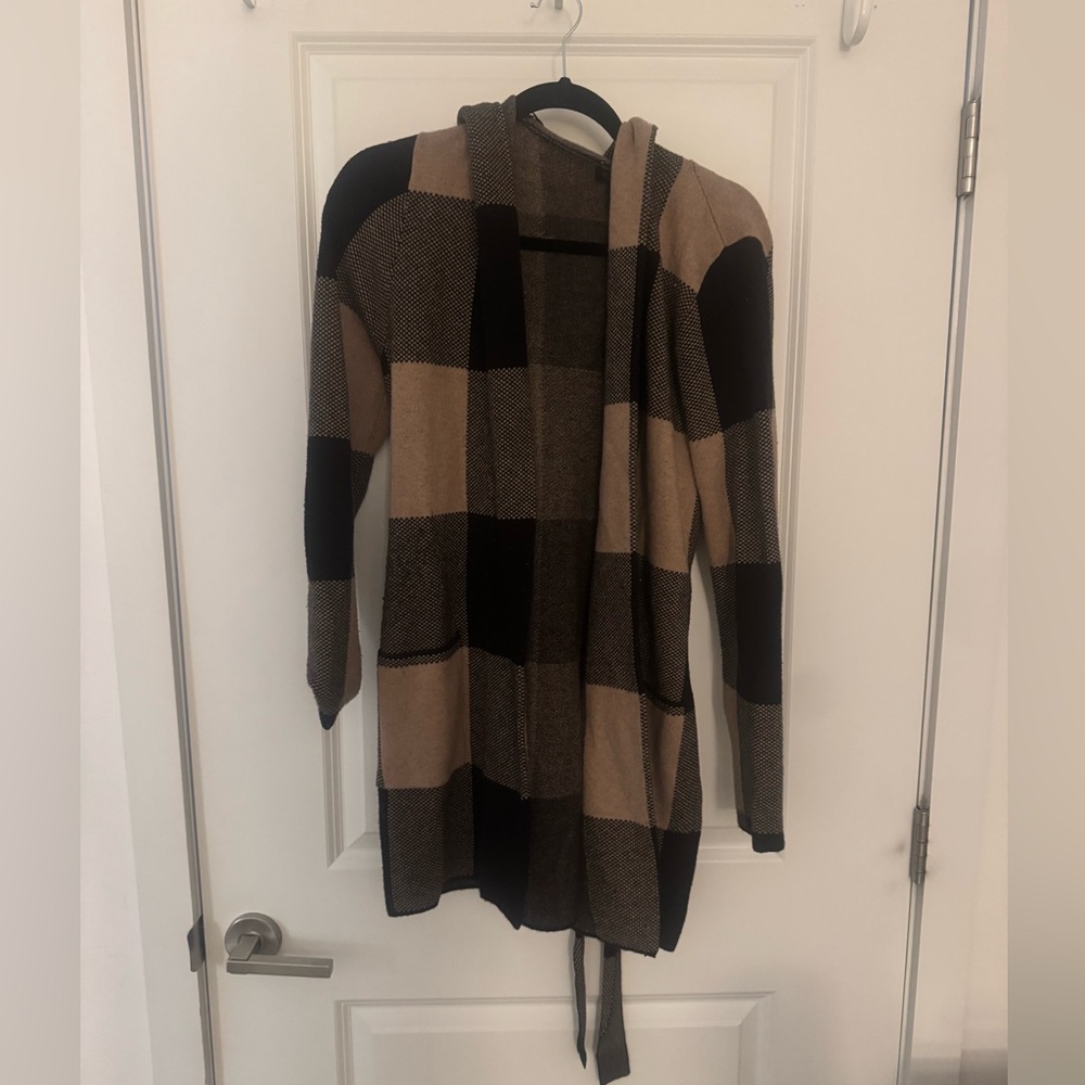 Rachel Zoe Hooded Plaid Cardigan Sweater - Black & Tan - Picture 2 of 2